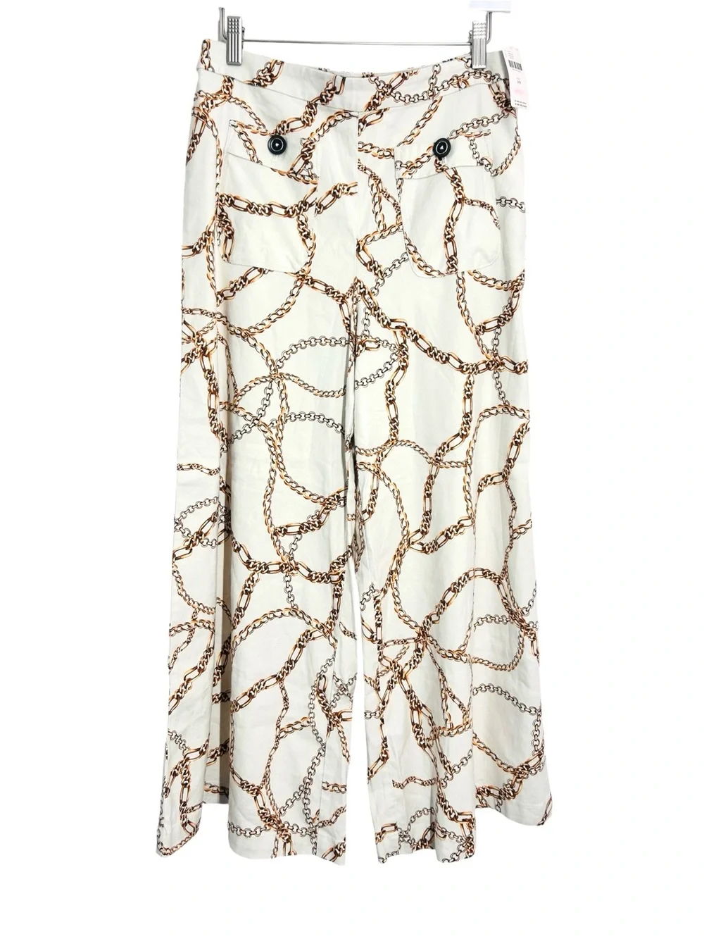 Maeve Linen Blend High-Waist Wide-Leg Chain Print Palazzo Pants 10 Cream NWT - Picture 2 of 13